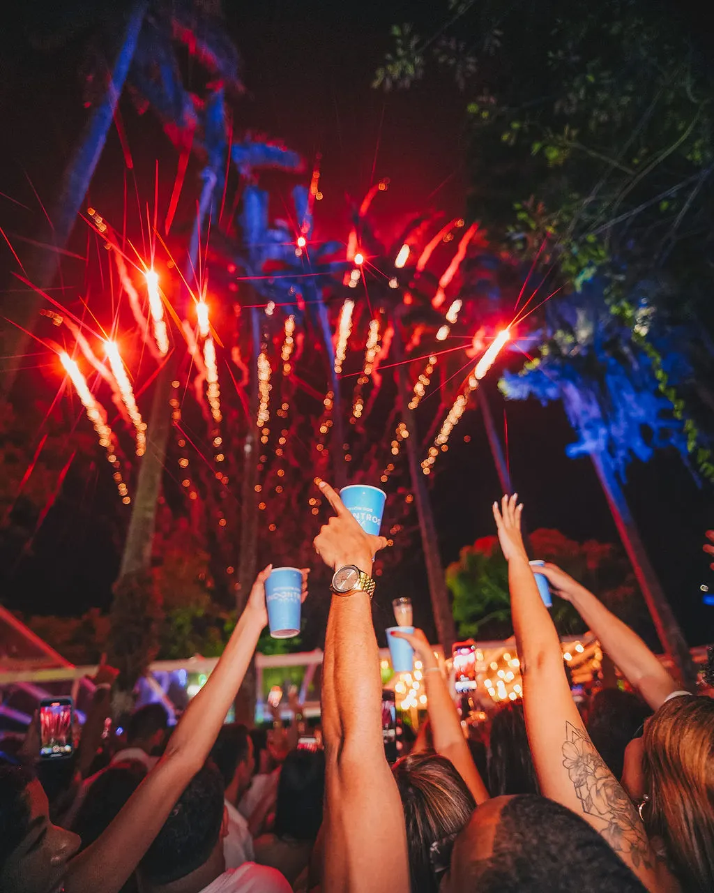 Público com as mãos ao alto sob fogos de artifício no Réveillon dos Encontros
